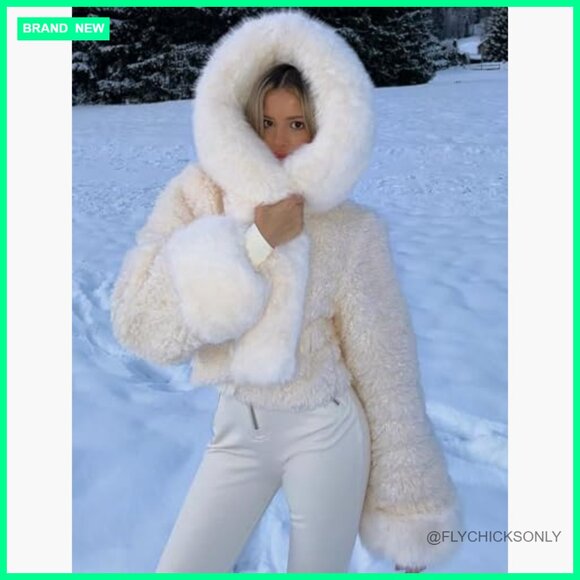 Faux Fur Hooded Cropped Jacket with Pockets Winter Outerwear - Picture 6 of 7